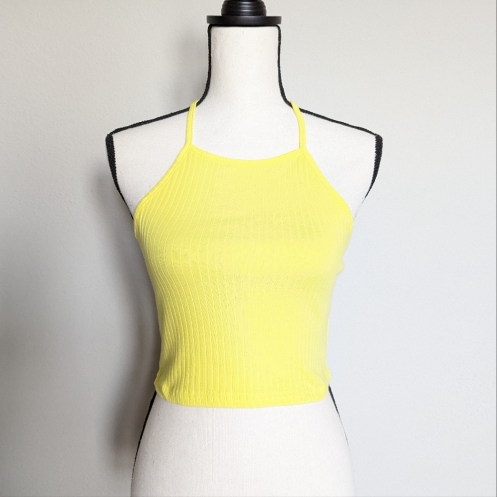 Bright yellow ribbed halter cropped tank top size M